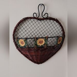 Vintage Wicker, Wire And Ceramic Hanging Sunfloer Basket.